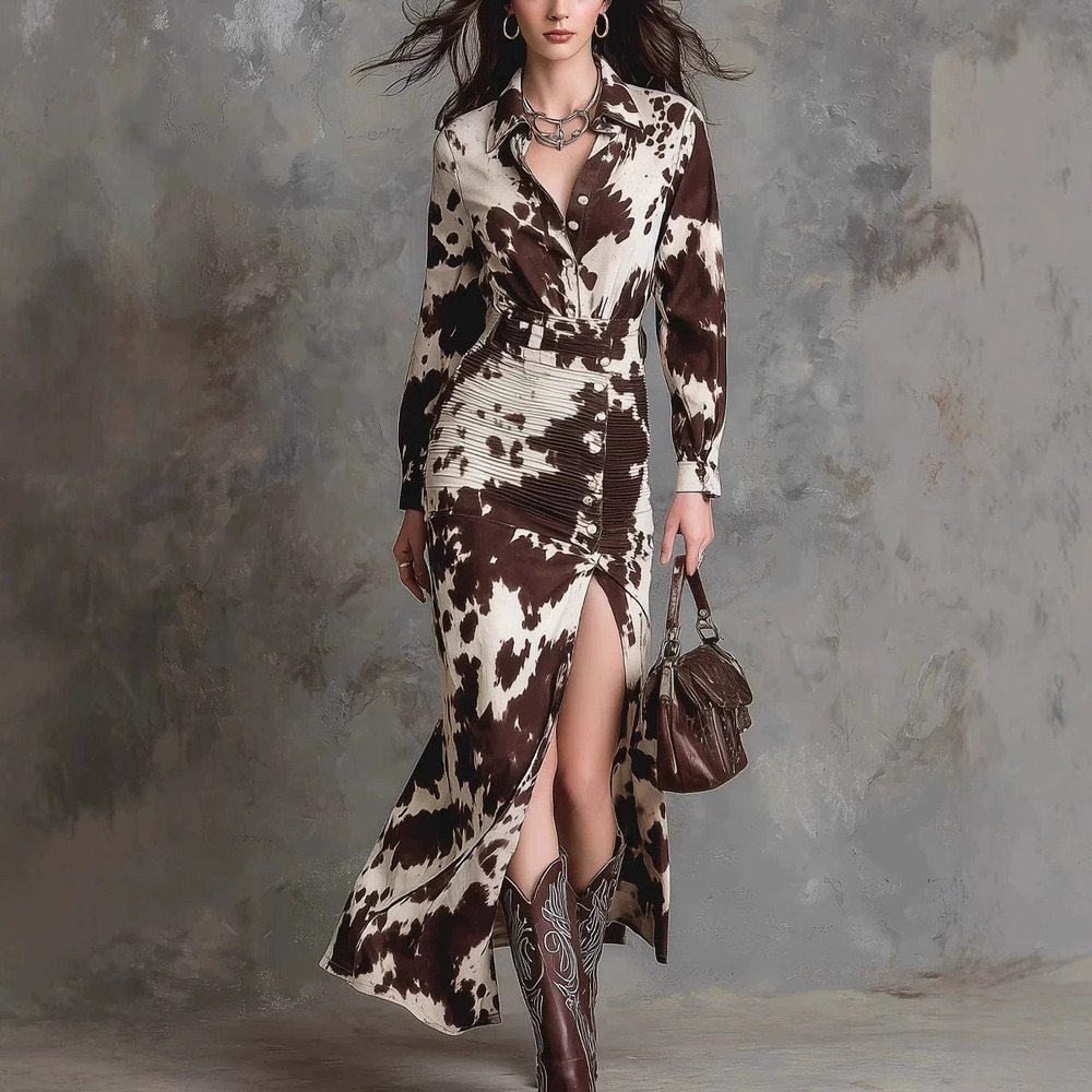 ZARA Digital Print Long Sleeve Buttoned Maxi Shirt Dress